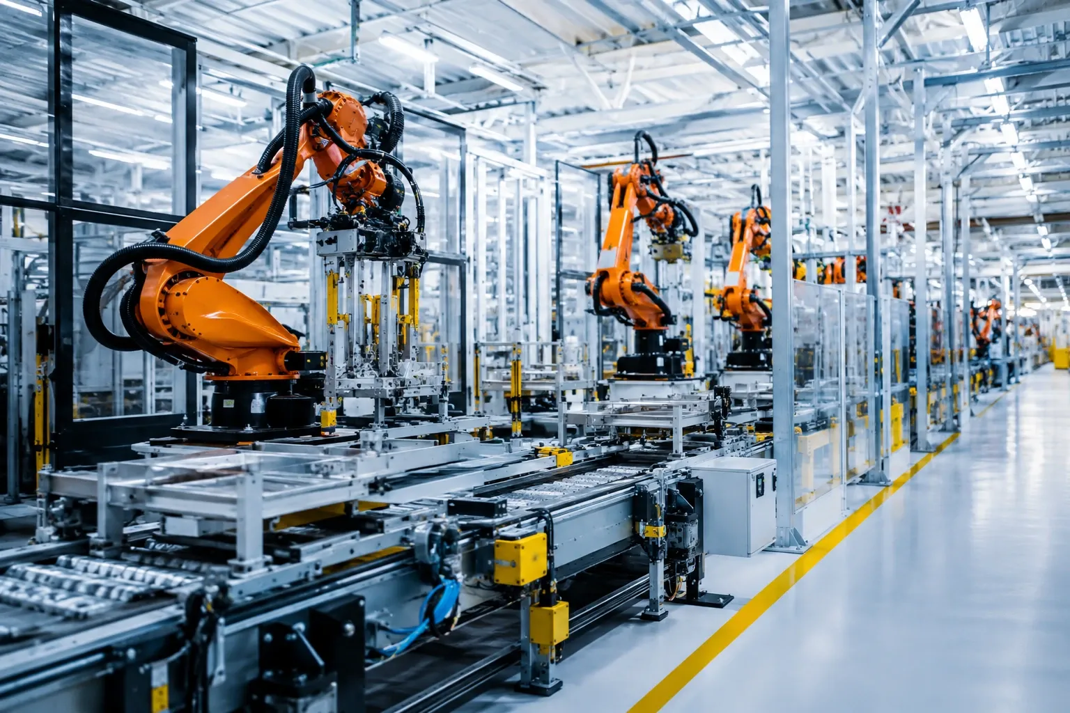 Robot kolları ile çalışan modern otomatik üretim hattı