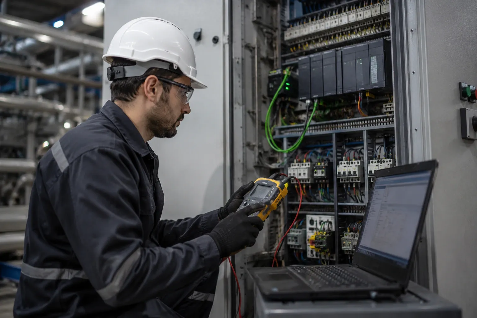 Sahada ölçüm cihazı ile kontrol paneli test eden endüstriyel otomasyon teknisyeni