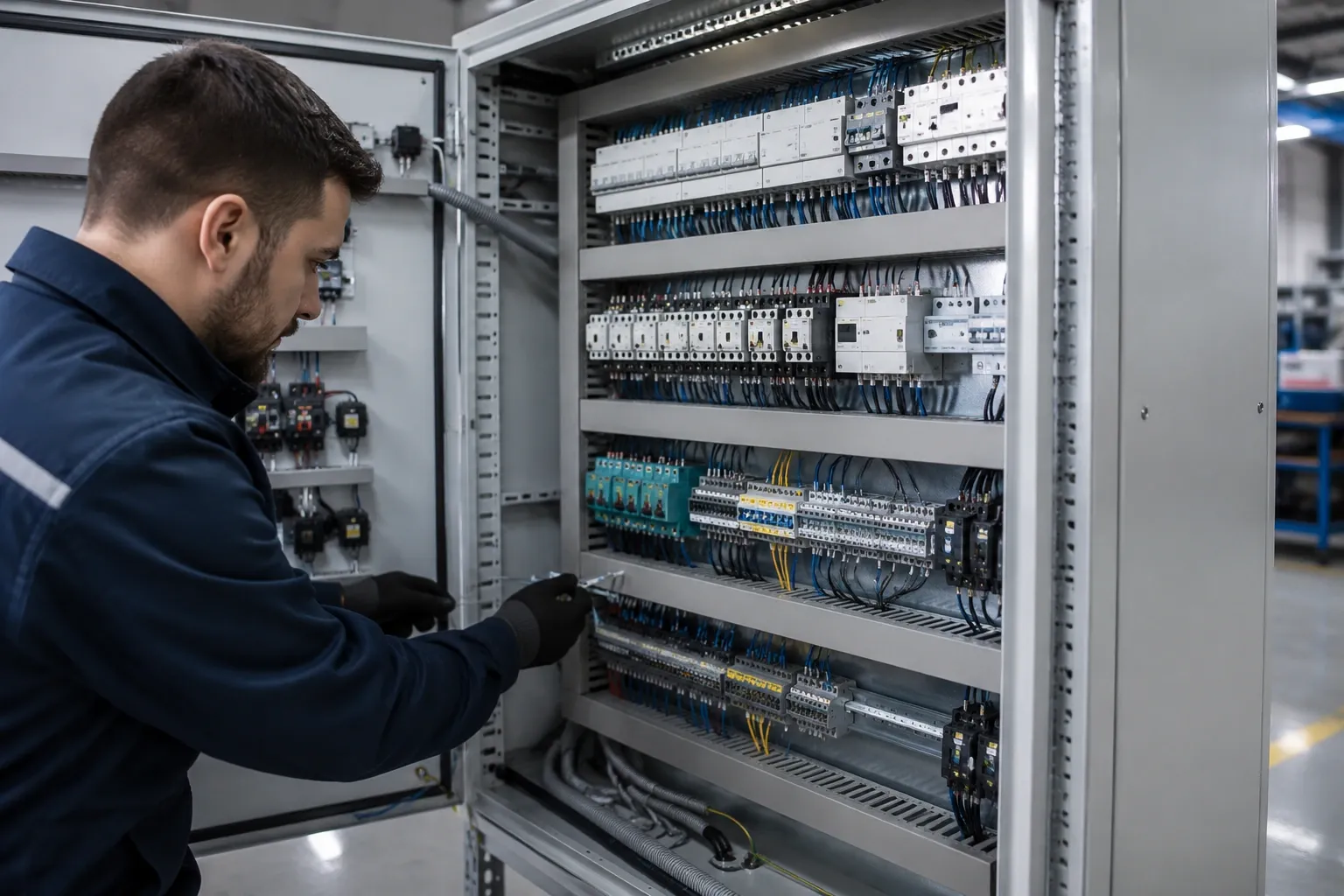 Açık elektrik panosu içerisinde kablolama ve otomasyon ekipmanları üzerinde çalışan teknisyen