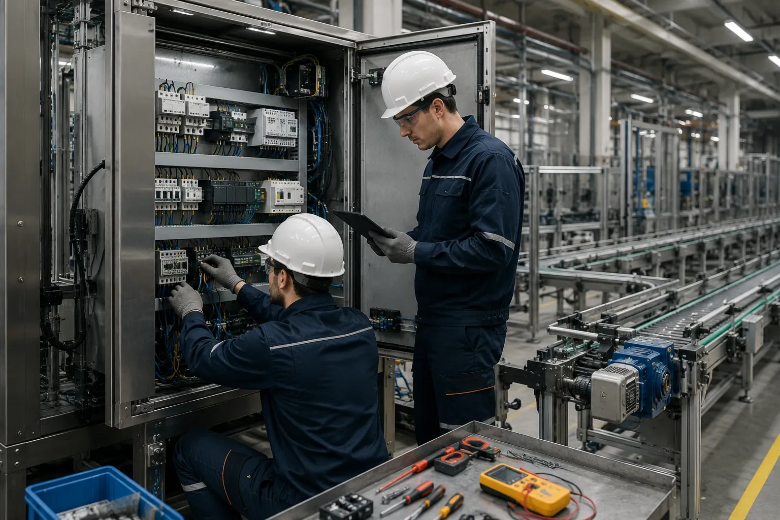 Üretim hattı yanında kontrol kabininde bakım ve modernizasyon yapan iki saha mühendisi