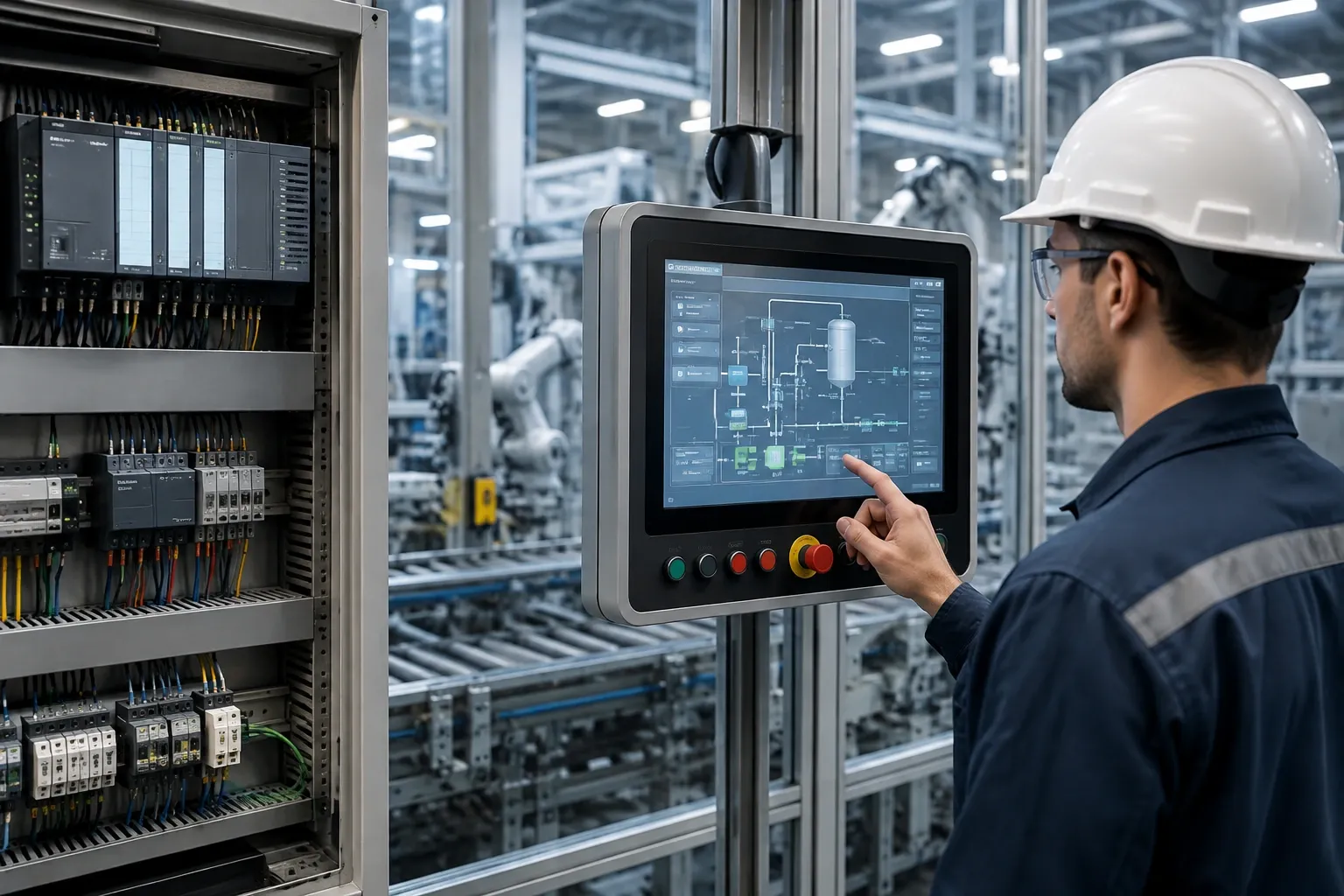 PLC modülleri ve dokunmatik HMI ekranı ile endüstriyel kontrol sistemi