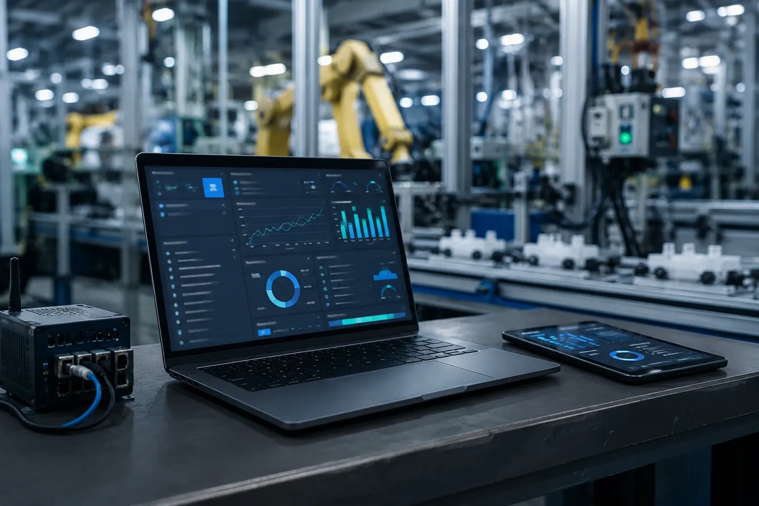 Fabrika ortamında laptop ve tablet üzerinden izlenen endüstriyel veri ve performans panelleri